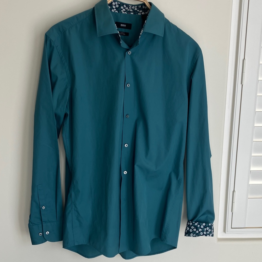 HUGO BOSS Joras Men's Teal Dress Shirt Floral Neck and Cuff Contrast Size 41/16
